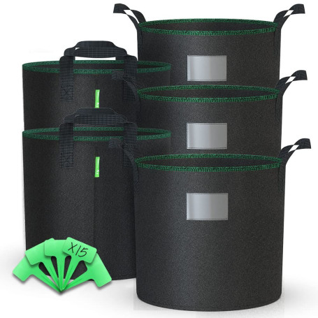 VOUNOT® Lot de 5 Sac de Plantation Non Tissé 20L avec Poignées et 15 Étiquettes Sacs à Plantes de Tomate Grande Capacité Ø30,5cm