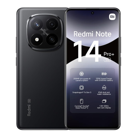 XIAOMI Smartphone Redmi Note 14 Pro+ 5G, 8+256GB, Noir, Appareil Photo 200MP Pro-Grade IA, IP68, 120W HyperCharge, fonctionnalit