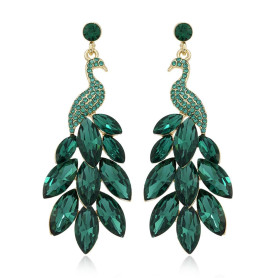 IMINI Boucles d'oreilles paon pour femmes et filles - En cristal vert - Plume de paon - Boucles d'oreilles en cristal bohème - P