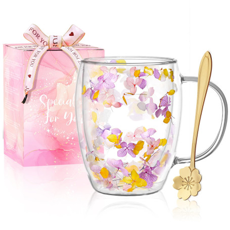 Cadeaux pour Femmes Tasse à Café en Verre à Double Paroi avec Fleurs Séchées Jolies Tasses à Thé avec Poignées Isolées Cadeaux d