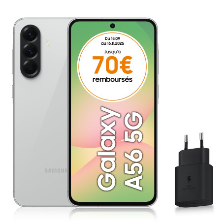 Samsung Galaxy A56 5G, Smartphone Android, 256 Go, Chargeur Secteur Rapide 25W Inclus, Smartphone déverrouillé, Gris, Version FR