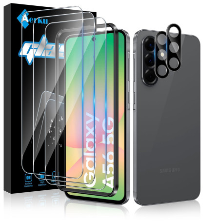 Aerku Verre Trempé pour Samsung Galaxy A56 5G avec Protecteur de Caméra Arrière [3+2 Pièces], Dureté 9H, Sans Bulles, Ultra HD, 