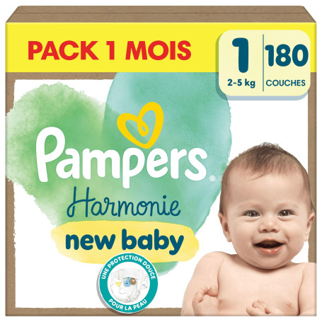 Pampers Harmonie, Taille 1, 180 Couches, 2-5kg, Protection Douce Pour La Peau Avec 100% D’Absorption Pampers, Pack 1 Mois