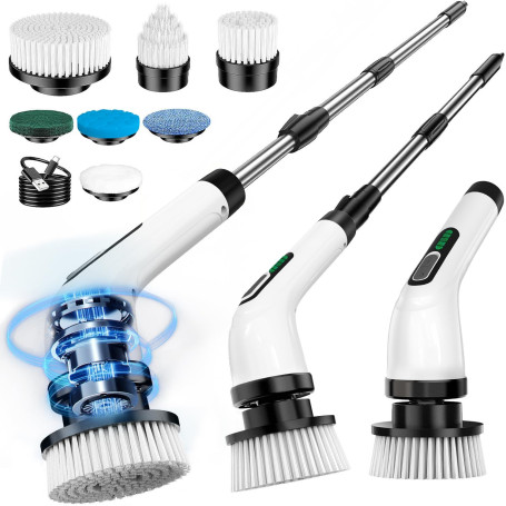 FYDEE Brosse Nettoyage Electrique, Brosse Rotative Nettoyage avec 7 Têtes Interchangeables, Manche Réglable, IPX7 Étanche, Recha
