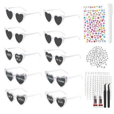 10 Paires DIY Lunettes Coeur, Lunettes de Soleil Coeur Colorées/Blanche avec Accessoires Décoratifs pour Fête Anniversaire, EVJF