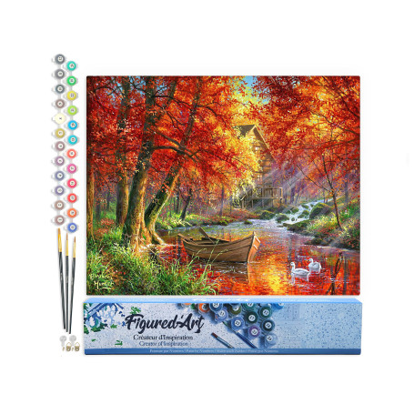 Figured'Art Peinture par Numéro Adulte Rivière d'automne et barque - Activité Manuelle Kit de Loisir Créatif DIY Numéro d'Art Co