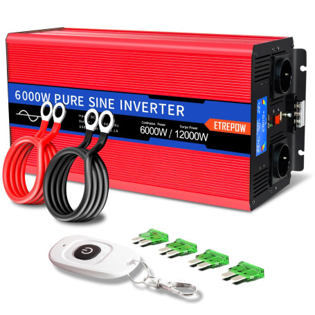 ETREPOW 6000W Convertisseur 24v 220v/230v Pur Sinus Onduleurs Transformateur -2 Prise EU de Courant Alternatif,1 Port USB,téléco