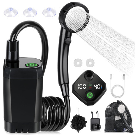 Spopal Kit Douche de Camping, Douche Portable,Pompe de Douche Électrique Rechargeable,Imperméable, avec Afficheur Intelligent et