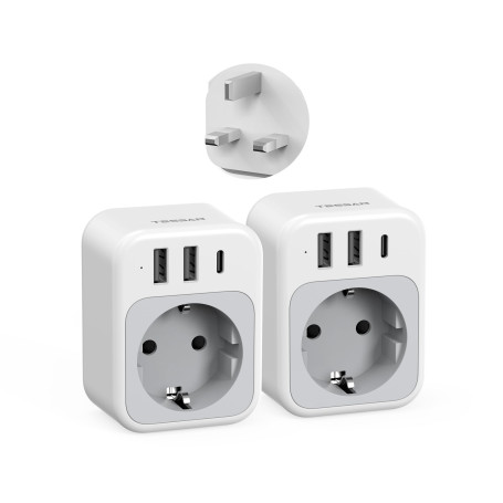 TESSAN Lot de 2 Adaptateur Prise Anglaise, 4 en 1 Prise UK avec USB C et 2 USB A, Anglaise Adapter Francais 3250 W, Adaptateur U