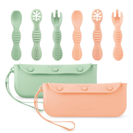 PandaEar Lot de 6 Cuillères et Fourchettes en Silicone pour Bébé avec 2 Sacs de Rangement pour Couverts, Set d'Utensiles d'Auto-