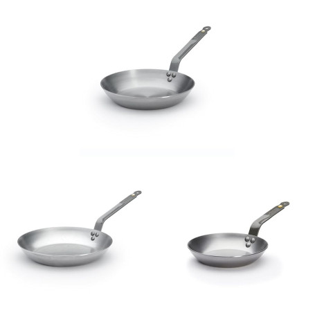 De Buyer - Lot de 3 Poêle en tôle d'acier Mineral B - 20, 26 et 28 cm- Fabriquées en France, Sans PFAS, Montée Rapide en Tempéra