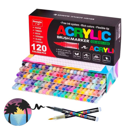 Guangna Feutres acryliques 120, feutres à pointe fine flexible et précise, encre opac superposable, cahier de coloriage, verre, 