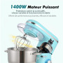 Kitchen in the box Robot Pâtissier 1400W, Bol 6,2L en Acier Inoxydable, 6 Vitesses, Fouet, Crochet et Batteur Inclus, Idéal pour