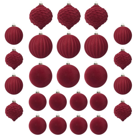 KI Store Lot de 25 Boules de Noël en Velours 6cm 8cm floqué incassables pour décorations de Sapin de Noël (Rouge)