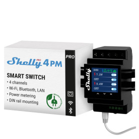 Shelly Pro 4PM - Interrupteur connecté sur rail DIN, W-Fi, LAN (4 canaux - 40 A), Compteur de consommation intégré, Contrôle à d