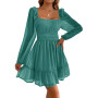 Imily Bela Robe de soirée pour femme - Col carré - Mini robe en maille - Taille haute - Plissée - Manches longues - Invité de ma