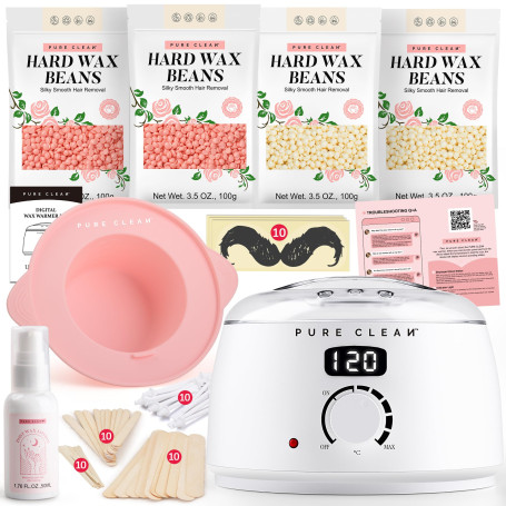 PURECLEAN Kit chauffe cire à épiler - 4 paquets de perles de cire, lotion post-épilation, bol en silicone - 54 articles pour tou