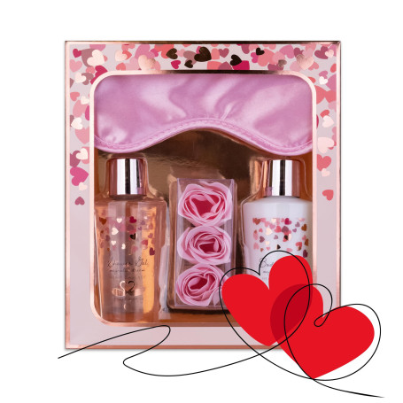 Coffret de bain Accentra HEART CASCADE en coffret cadeau, comprenant gel douche, lait corporel, confettis de bain et masque de s