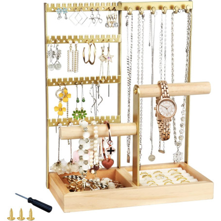 Rilime Présentoir à Bijoux, Porte Bijoux Femme Porte Boucle d'Oreille à 4 Niveaux, Présentoir Collier avec Plateau et Crochets p