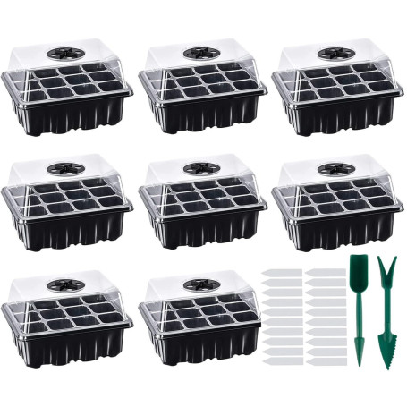 Lostwry 8 Pièces Mini Serre pour Semis, 96 cellules Serre Interieur Plateaux de Culture Semis Bacs à Semis Kit de Germination In