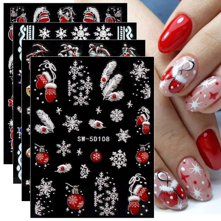 JMEOWIO 3D Noel Stickers Ongles Nail Art, Autocollants Ongles Autoadhésif 5D Deco Ongle Nail Art Design Manucure 4 Feuilles