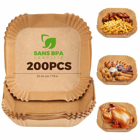 Papier Cuisson Air Fryer,200 Pièces 20×20cm Cuisson Paper Liner,Food-Grade BPA Gratuit,Jetable Antiadhésive Sans Huile Papier Pa