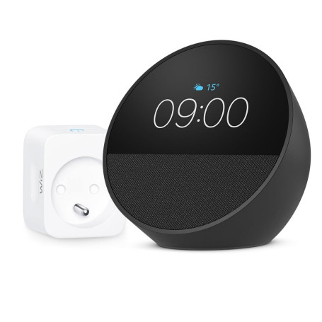 Echo Spot | Noir + WiZ Prise Connectée, Fonctionne avec Alexa - Kit de démarrage Maison connectée