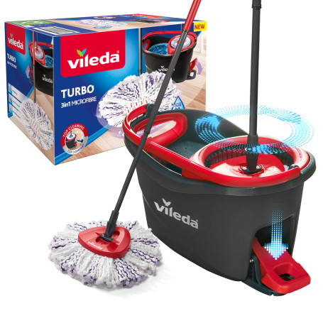 Vileda Turbo 3en1 - Kit Complet Lavage Sol, Manche télescopique 85-123 cm, Balai à système Rotatif avec Seau à pédale, Nouvelle 