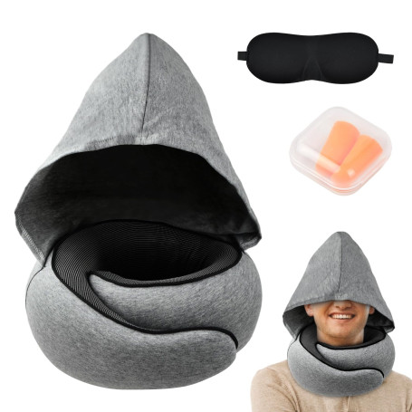 Focenat Oreiller de Voyage à Capuche pour Avion, Coussin de Nuque pour Voyage, Oreiller de Voyage en Mousse à Mémoire de Forme p
