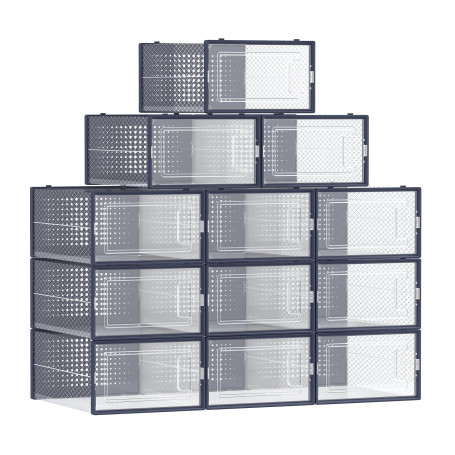 SONGMICS Boîtes à Chaussures, Lot de 12, Rangement Chaussures, Pliable, pour Pointure Jusqu’à 44, Transparent et Bleu Carbone LS