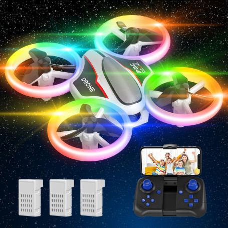 Mini Drone avec Caméra 1080P HD, Drone avec Lumières Colorées pour Enfant, Quadricoptère Hélicoptère RC avec 3 Batteries 21 Mins
