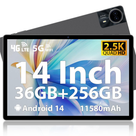 MAXLEGEN Tablet 14 Pouces, Ecran FHD 2,5K, 36Go RAM + 256Go ROM(1To Extensible), Android Tablette Tactile avec SIM 4G LTE/5G WiF