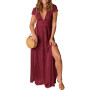 QUNERY Robe Longue Femme Ete Robe de Plage Manches Courtes Robe D'été Casual col en V Taille Haute Robe Cocktail Demoiselle d'ho