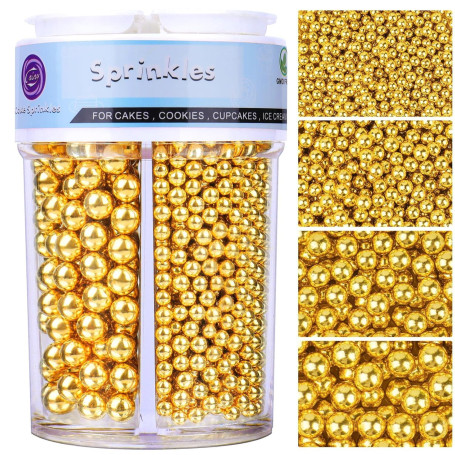 Perles Comestible de Sucre Doré (130g) - Perlé Sucre en 4 Tailles pour desserts perlé Décoration, Cupcakes, Gâteaux, et Biscuits