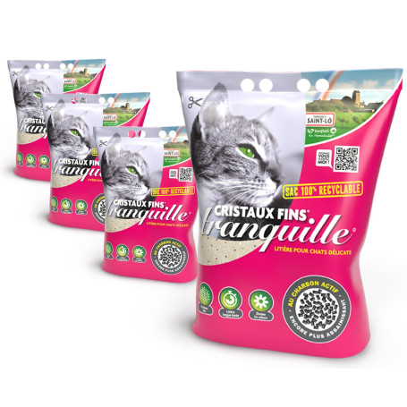 TRANQUILLE - Litière pour Chat Silice Cristaux Fins + Charbon Actif – Ultra Absorbante & Anti-Odeur – Lot de 4 x 3,70L – Litière