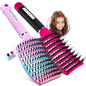 O³ Brosse Poil de Sanglier- 2 Brosses à Cheveux en Poils de sanglier- Démélant Cheveux 100% Naturel (Rose/Arc-en-Ciel)