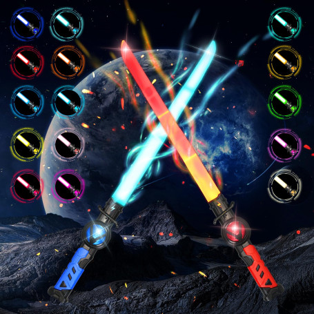 Meleager Sabre Laser Enfants, 2 Pièces Télescopique Sabre Laser LED((Bleu+Rouge)-15 Couleurs Changeantes, Rechargeable, Rétracta