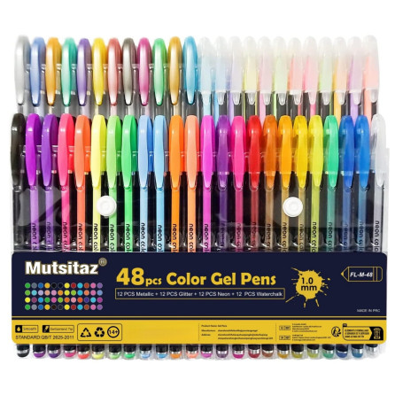 Mutsitaz 48 Stylos Gel Paillettes - Métallique,Paillettes,Néon,Pastel - Pour peinture,d'écriture et livres de coloriage adultes
