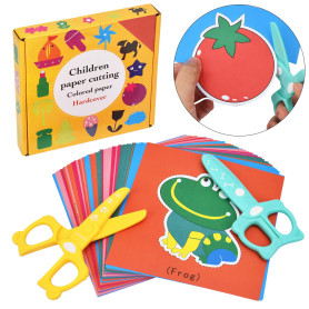 DealKits Lot de 2 ciseaux de sécurité pour enfants + 48 feuilles de papier - Kit d'activités de découpe de papier amusant - Pour