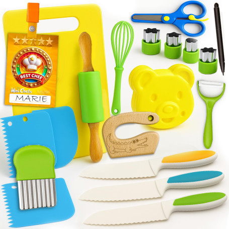 Lalfof Kit Cuisine Enfant avec 3 Couteau Cuisine Enfant | 20 Ustensiles de Cuisine Enfants Sécurisés | 1 Badge avec Le nom de l'