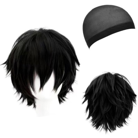 HTTDSLF Anime Perruque Courte Noir, Perruque Cosplay avec Frange pour Homme Dames, Deguisement pour Halloween Quotidienne Fête