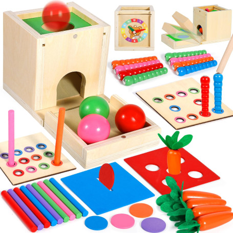 Jeux Montessori Educatifs Motricité Bébé en Bois Garçons et Filles, Jouets 1 2 3 Ans, Jeux Montessori Object Boîte Permanente, N
