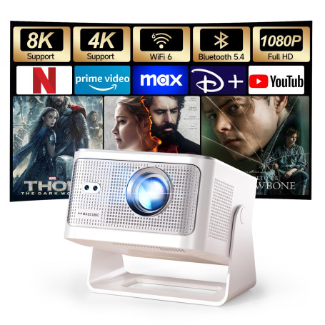 [App intégrée] Mini Vidéoprojecteur 4K & 8K Supporte, 1080P Projecteur Video avec Android 14, Portable Projecteur WiFi 6, BT 5.4