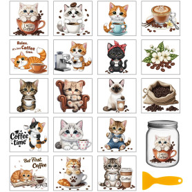 GLOBLELAND 18 Feuilles D'Autocollants de Transfert à Frotter en Forme de Chats Café pour Vases 3.9x3.6 pouces Autocollants Color
