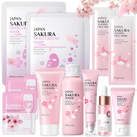 Sakura Ensemble de Soins de la Peau 11 Pièces, avec Crème Nettoyante, Toner, Sérum, Kit de Soins de La Peau Hydratants, Coffret 