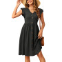 SENBATU Robes d'été Femmes Manches à Volants Robe de Plage col en v Robe midi plissée avec Poches S-2XL 34-52