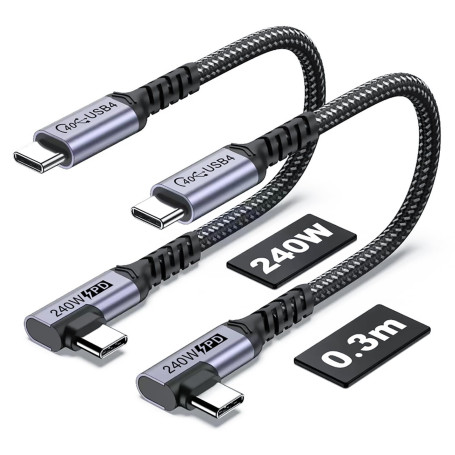 SUMPK 30cm USB 4 câble à angle droit [2 Pack], câble USB c 240w, transfert de données haute vitesse 40gbps, affichage vidéo 8K s