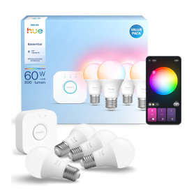Philips Hue Essential Kit de démarrage: Bridge + 4 ampoules connectées E27 Essential, White and Color Ambiance, 2200-6500 K, Amp