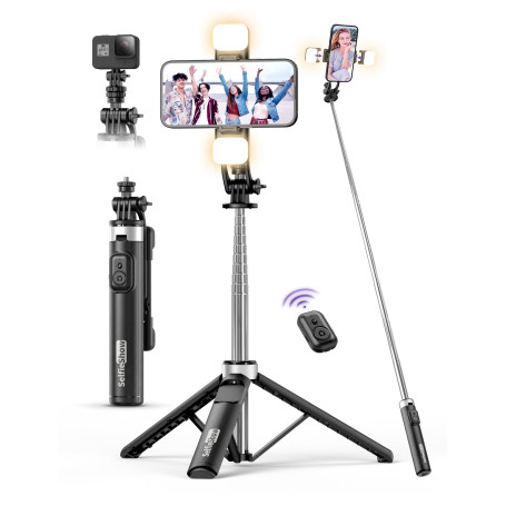 135CM Perche à Selfie Trépied avec 2 Lumière, Trépied pour Téléphone avec Télécommande Détachable, Portable Selfie Stick Trepied