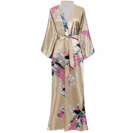 BABEYOND Kimono Femme Long en Satin - Peignoir Léger Imprimé Paon jusqu'à la Cheville